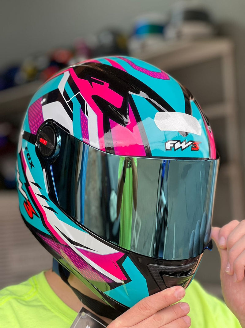 Capacete Fechado Fw3 Moto Gtx Fox Azul Tifanny C/ocúlos