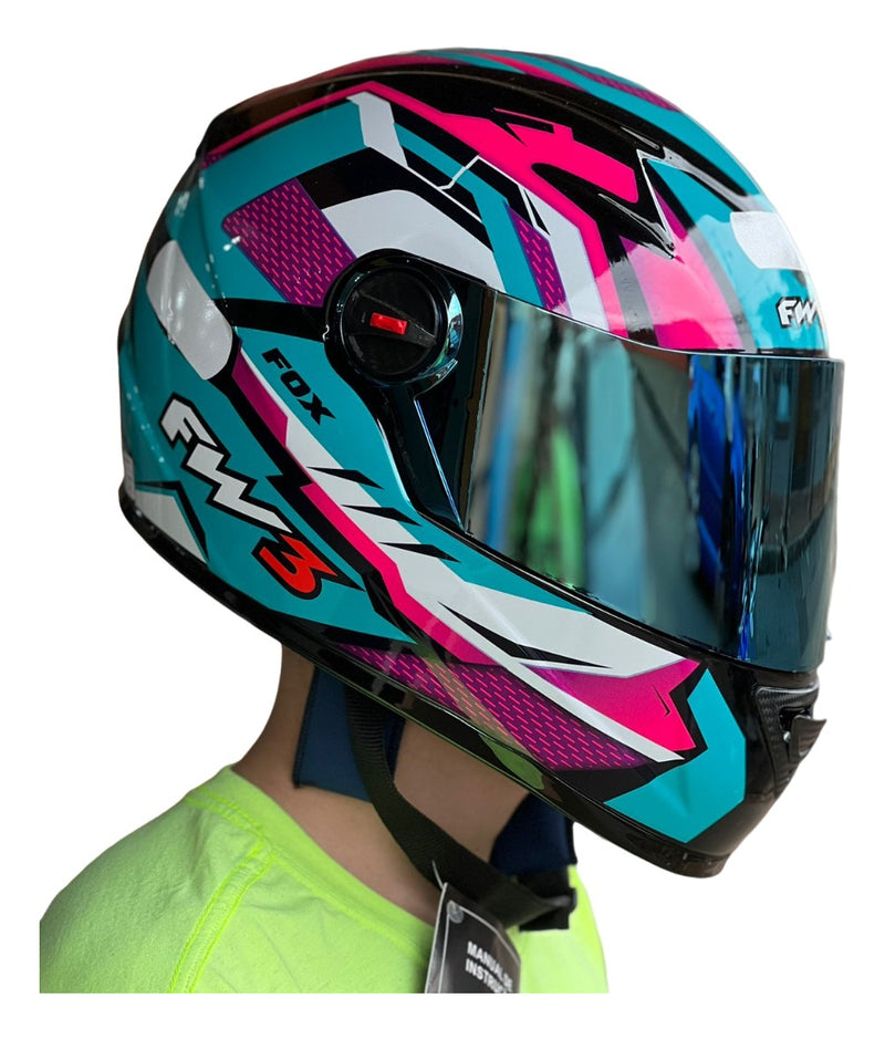 Capacete Fechado Fw3 Moto Gtx Fox Azul Tifanny C/ocúlos