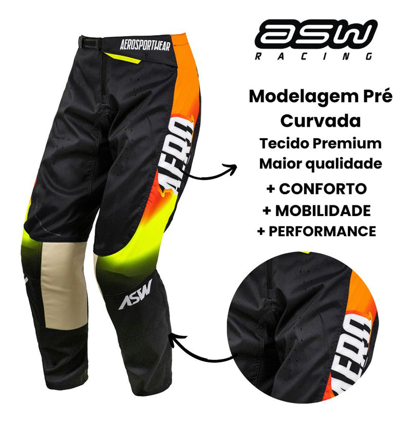 Conjunto Roupa Kit Motocross Asw Podium Ghost Preto Laranja