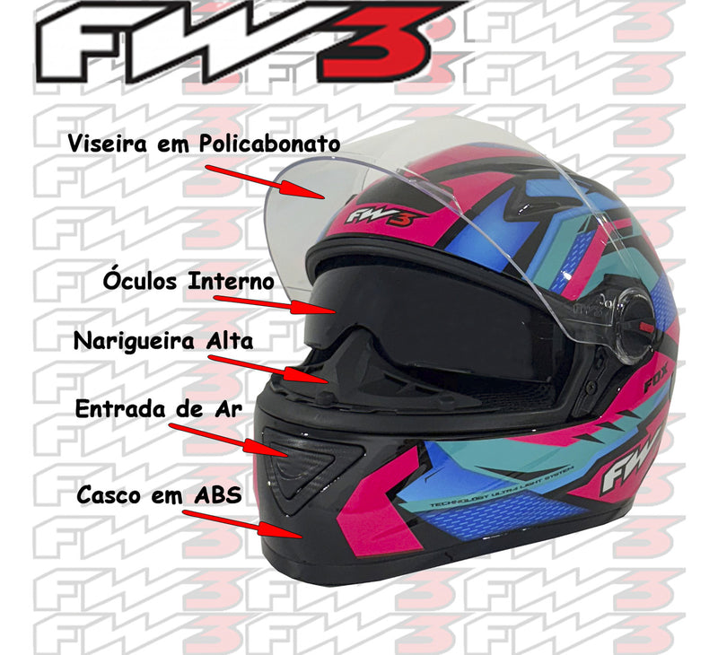 Capacete Moto Fechado Gtx Fox Fw3 Oculos Interno