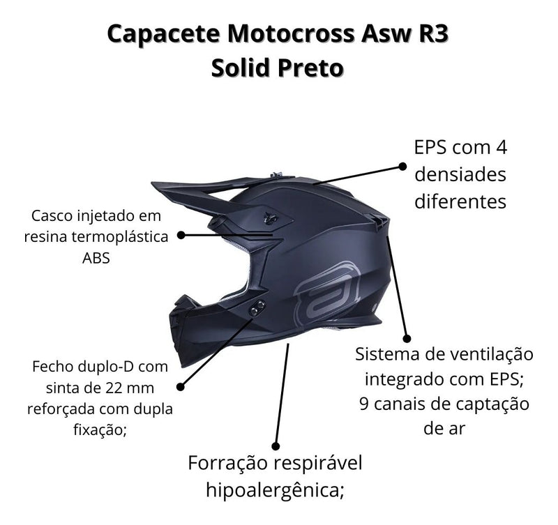 Capacete Asw Motocross R3 Solid Preto