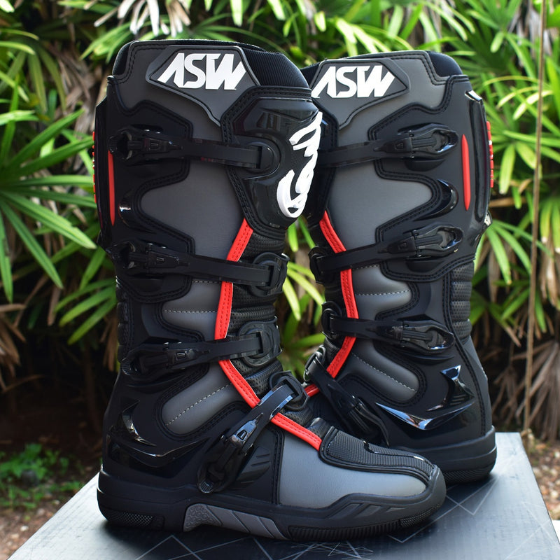 Bota Asw Elevate Preto Cinza Vermelho Cross Motocross Trilha