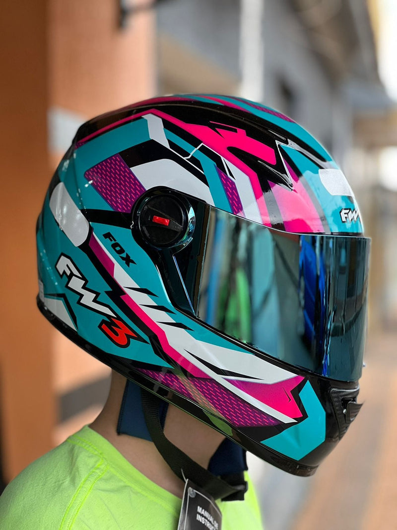 Capacete Fechado Fw3 Moto Gtx Fox Azul Tifanny C/ocúlos