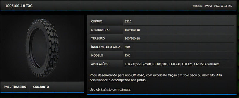 Pneu Traseiro 100/100-18 59r Technic Txc Trilha Motocross