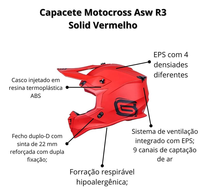 Capacete Asw Motocross R3 Solid Vermelho