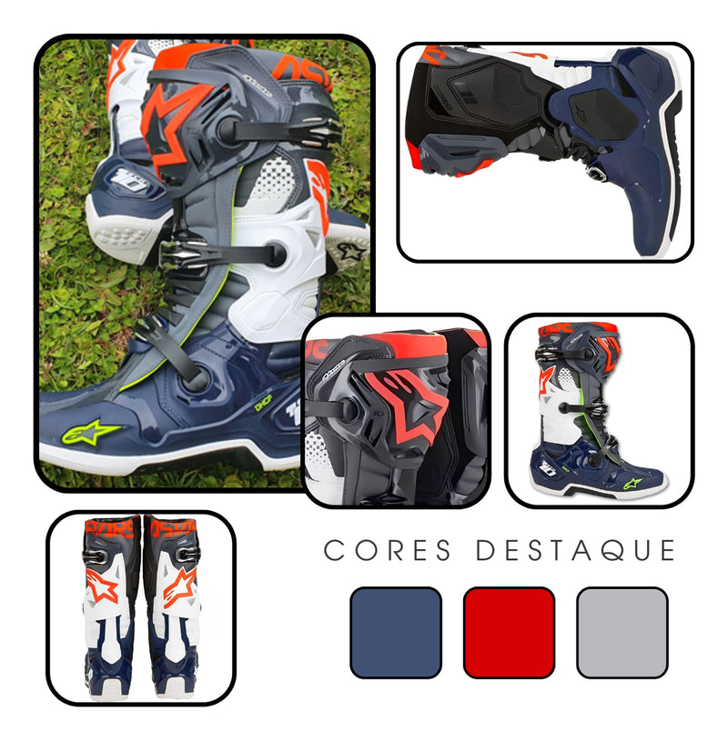 Bota Alpinestars Tech 10 Cinza Azul Vermelho Fluo Motocross