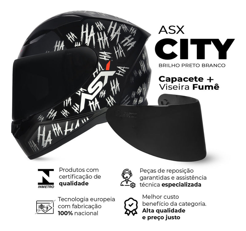 Capacete Asx City Fun Preto Branco Brilhante + Viseira Fumê