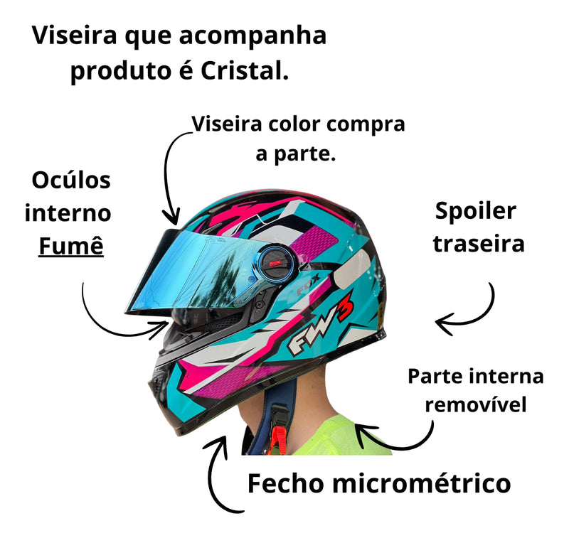 Capacete Fechado Fw3 Moto Gtx Fox Azul Tifanny C/ocúlos