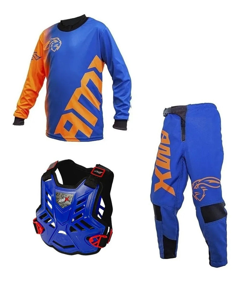 Kit Roupa Infantil Amx Extreme Colete Azul Preto Motocross