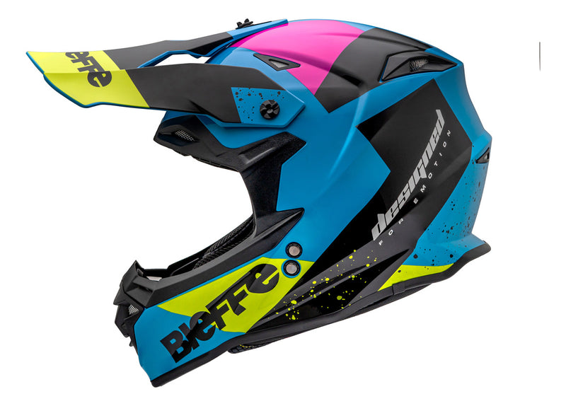 Capacete Motocross Bieffe B-cr Azul Claro Amarelo Limão