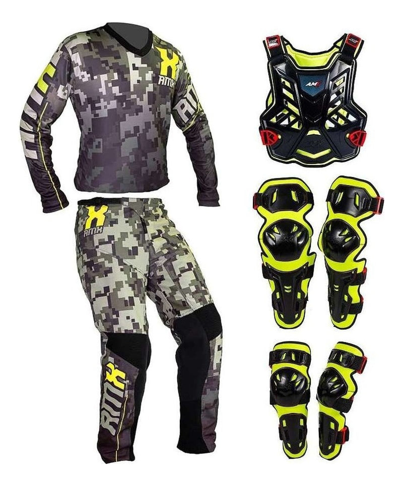 Kit Conjunto Equipamento Motocross Amx Camuflado Preto/neon Tamanho Camisa Gg - Calça 44