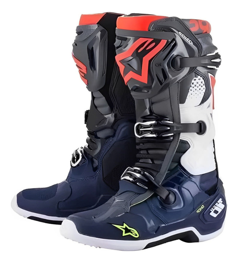 Bota Alpinestars Tech 10 Cinza Azul Vermelho Fluo Motocross