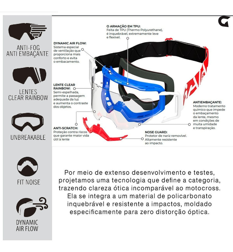 Oculos Motocross Trilha Moto Espelhado Gaia Mx + Lente Clear