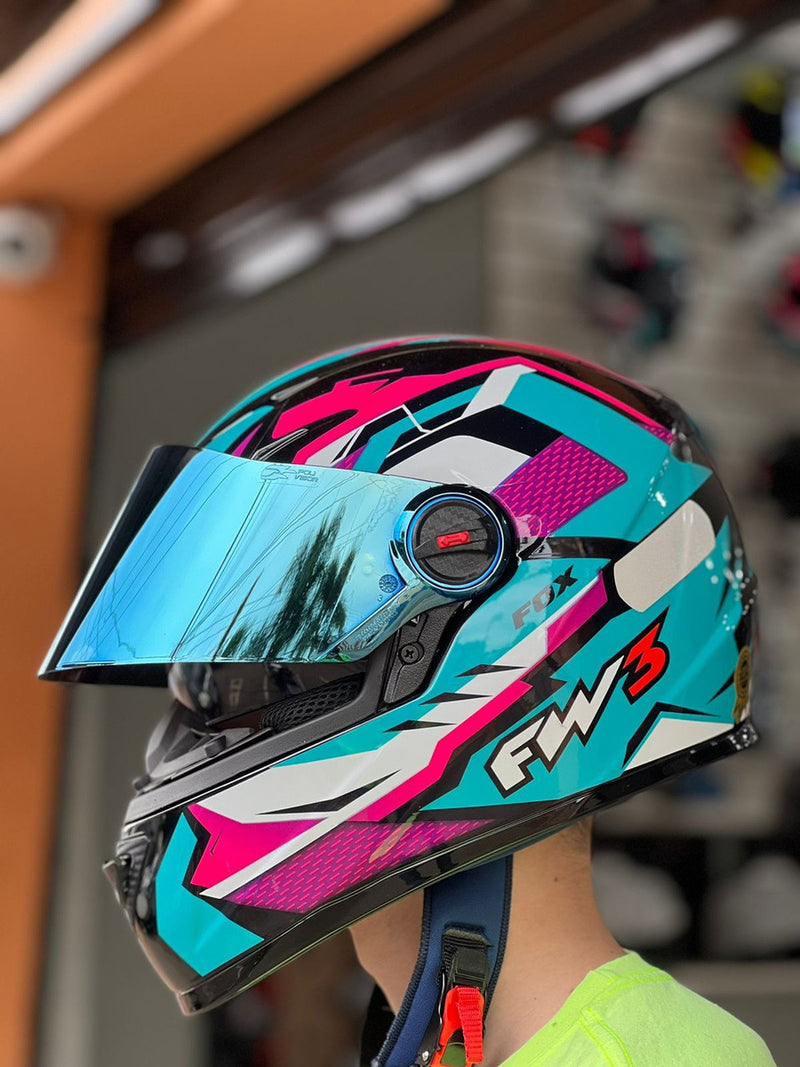 Capacete Fechado Fw3 Moto Gtx Fox Azul Tifanny C/ocúlos