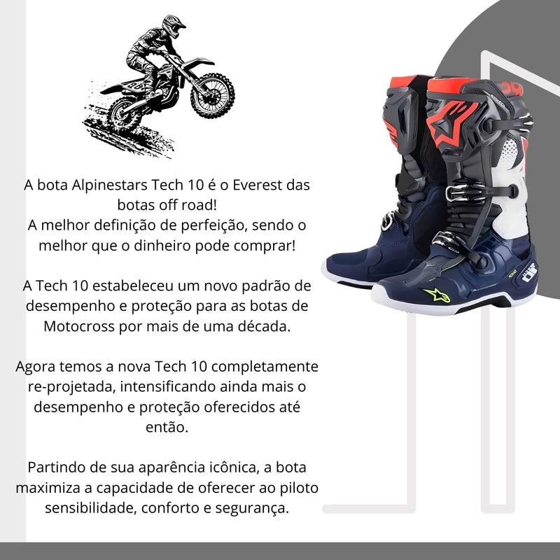 Bota Alpinestars Tech 10 Cinza Azul Vermelho Fluo Motocross