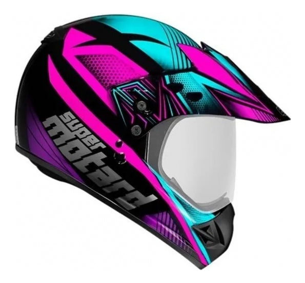 Capacete Feminino Ebf Super Motard Action Motocross Pto Rosa