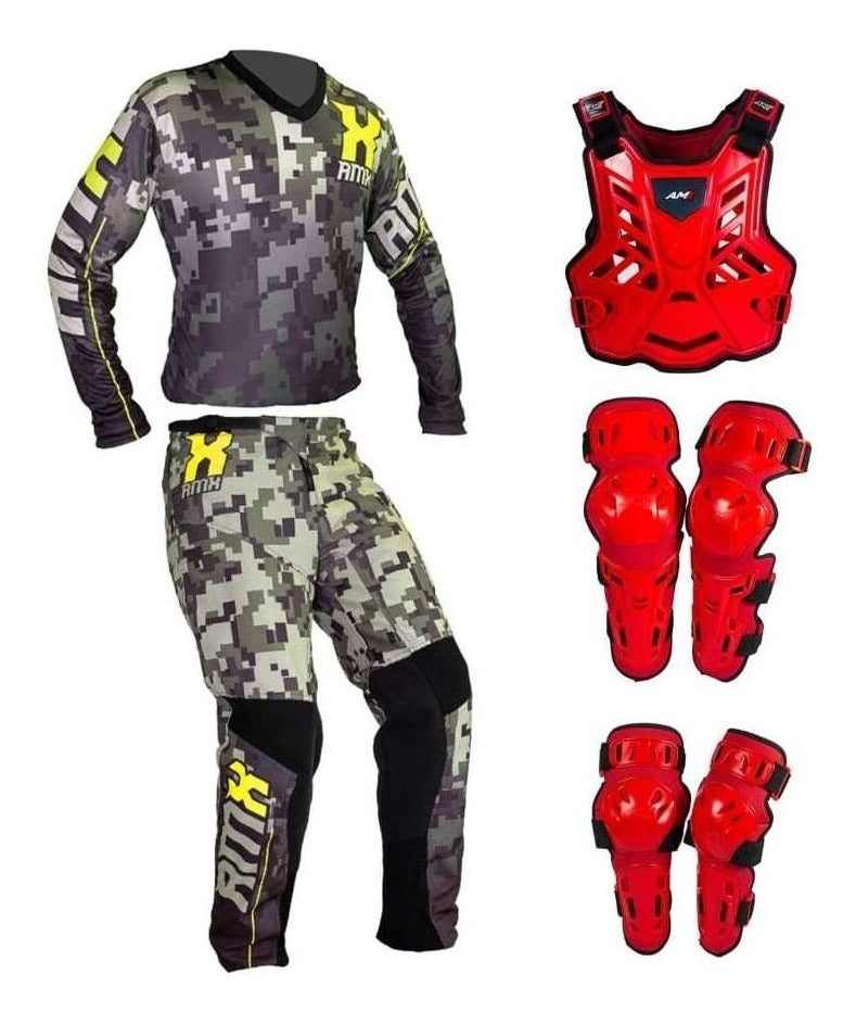 Kit Motocross Roupa Amx Neon Camuflado Equipamento Vermelho