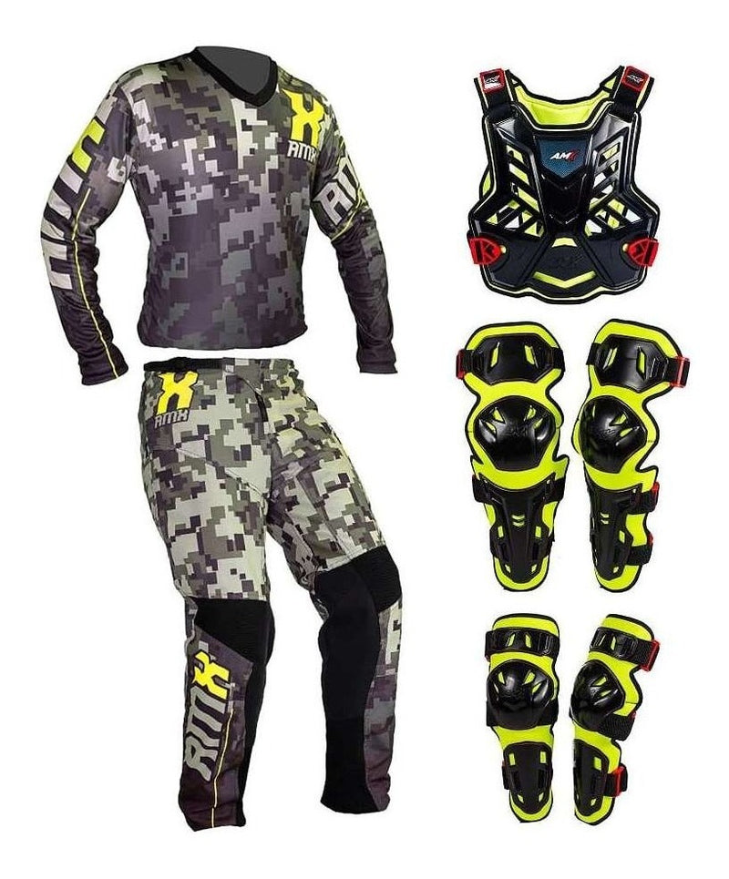 Kit Conjunto Equipamento Motocross Amx Camuflado Preto/neon