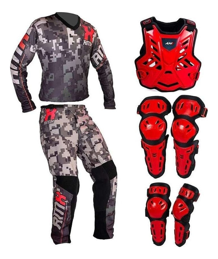 Conjunto Motocross Amx Camuflado Proteção Vermelho/preto Tamanho Camisa M - Calça 44