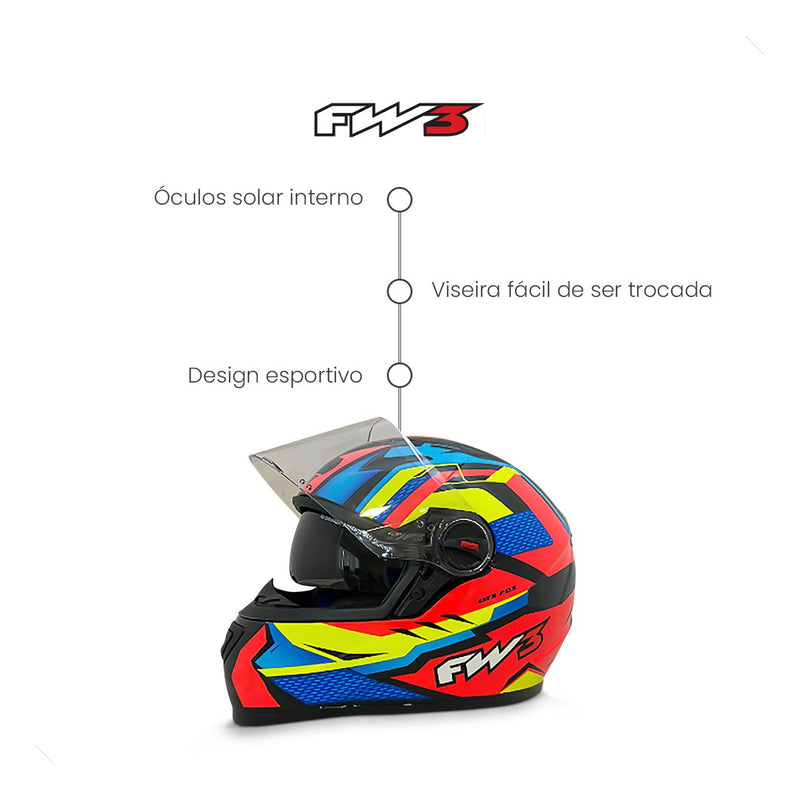 Capacete Moto Fechado Fw3 Modelo Gtx Fox Várias Cores