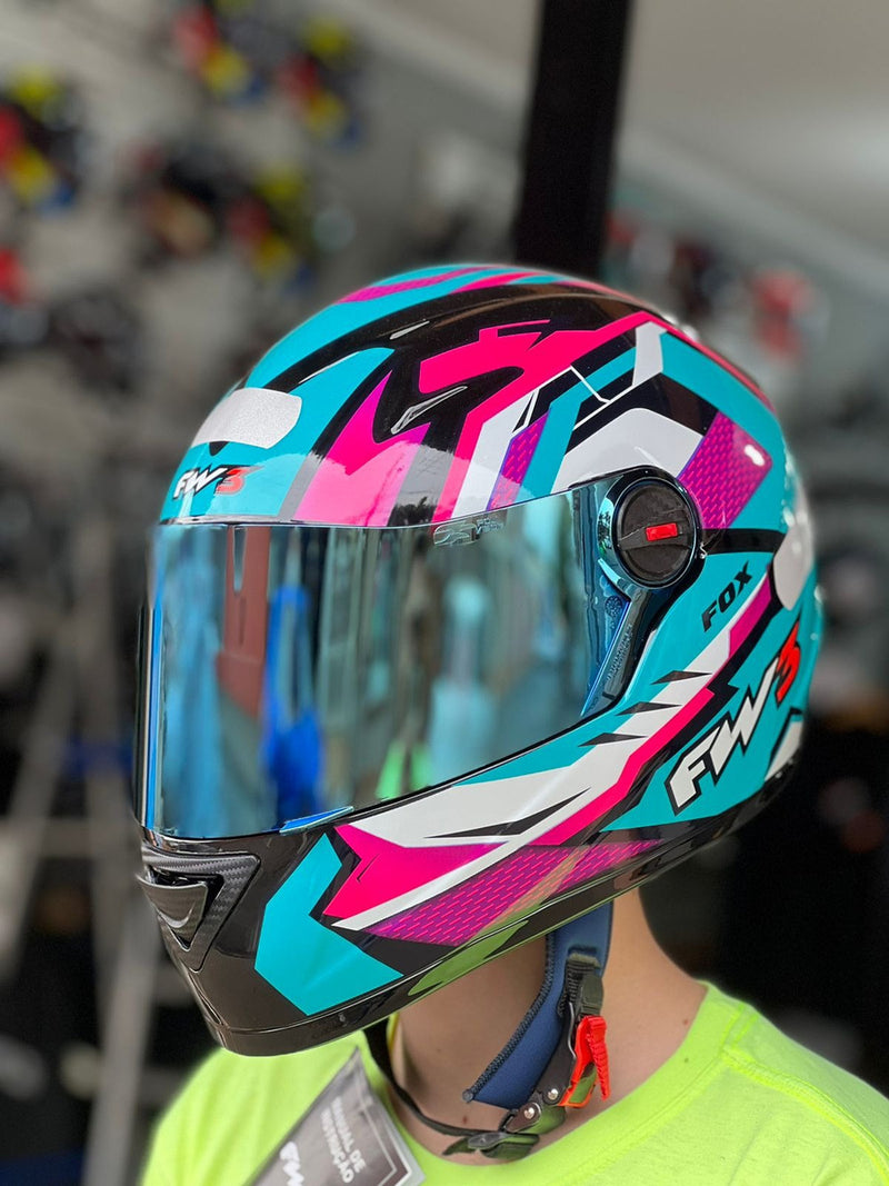 Capacete Fechado Fw3 Moto Gtx Fox Azul Tifanny C/ocúlos