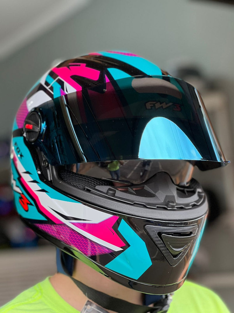 Capacete Fechado Fw3 Moto Gtx Fox Azul Tifanny C/ocúlos