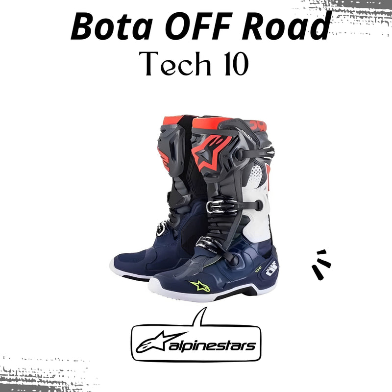 Bota Alpinestars Tech 10 Cinza Azul Vermelho Fluo Motocross