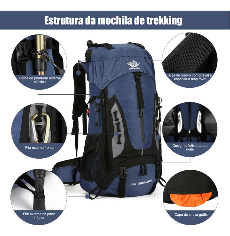 Mochila De 60l Com Capa De Chuva Para Trilha E Camping- 40kg